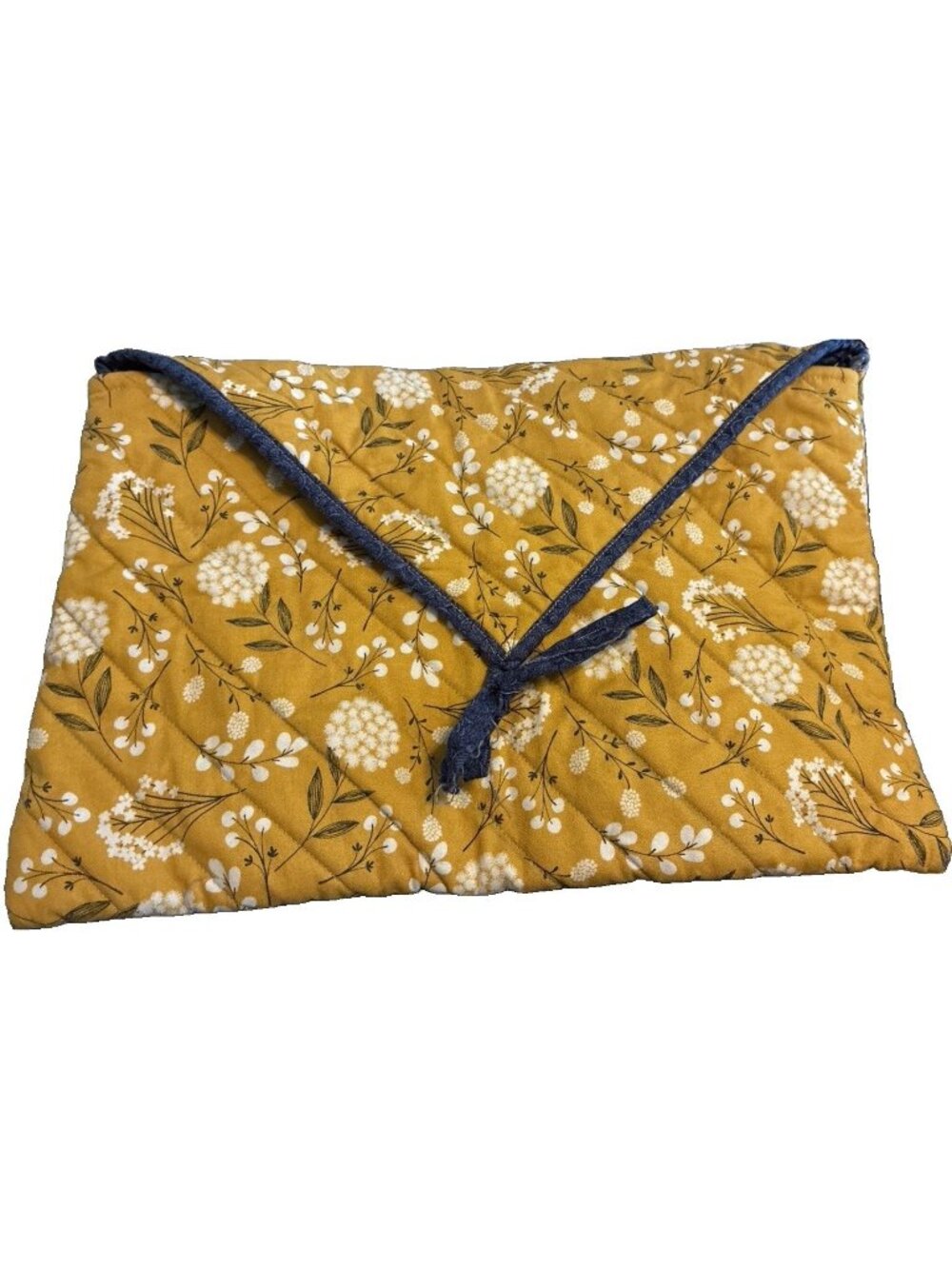 Mustard and White Woodland Floral clutch with Blue Trim, Interior, and Tie